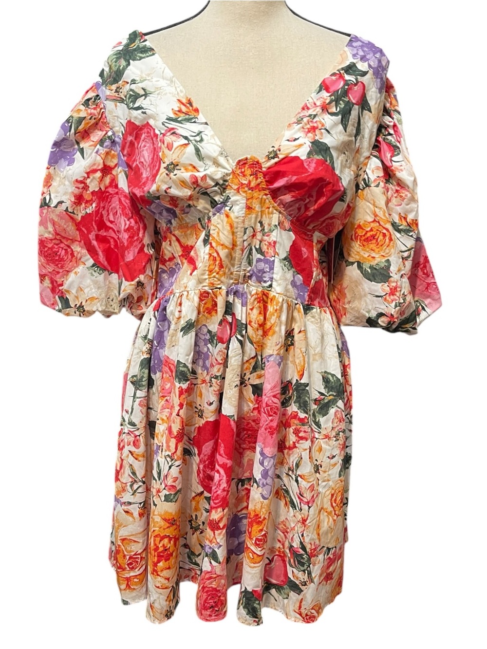 NWT Buddy Love Mutli Colored Bright Floral Puff Sleeve Mini Dress Summer Event L